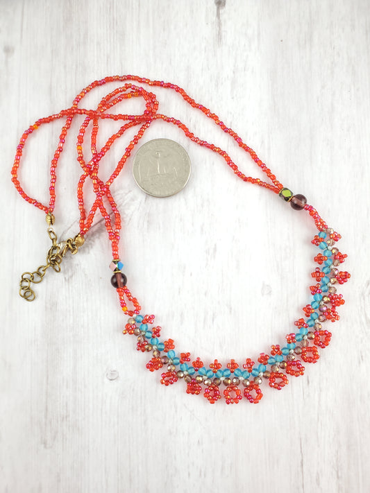 Sparkly Red, Purple and Blue Lacy Seed Bead Necklace