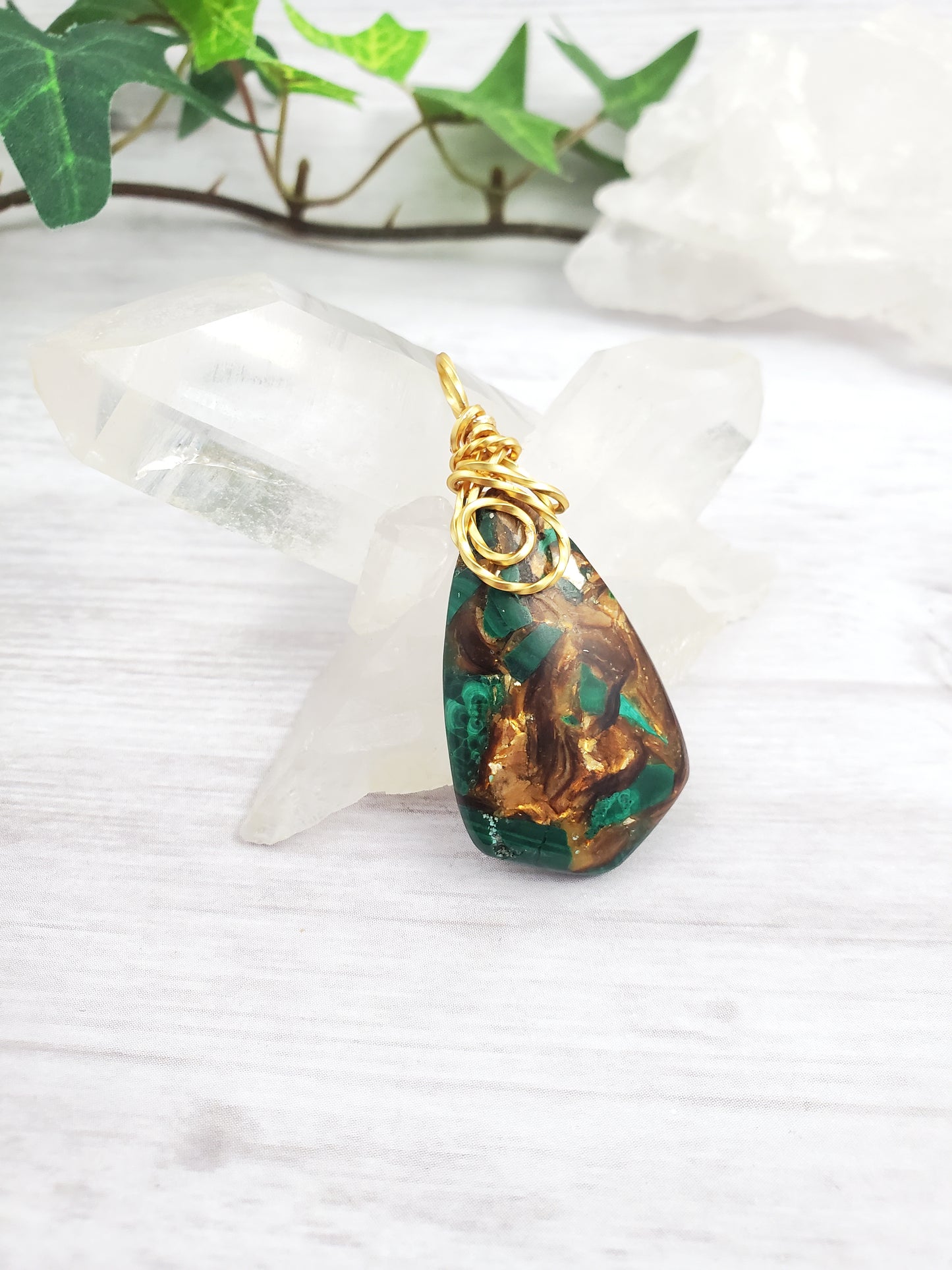 Green and Gold Chevron Malachite and Bornite Pendant