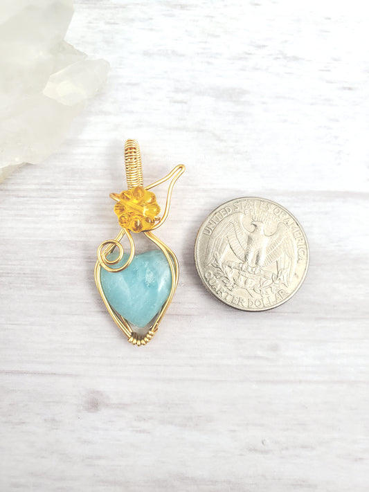 Blue and Gold Heart with Leaf Fruit Pendant