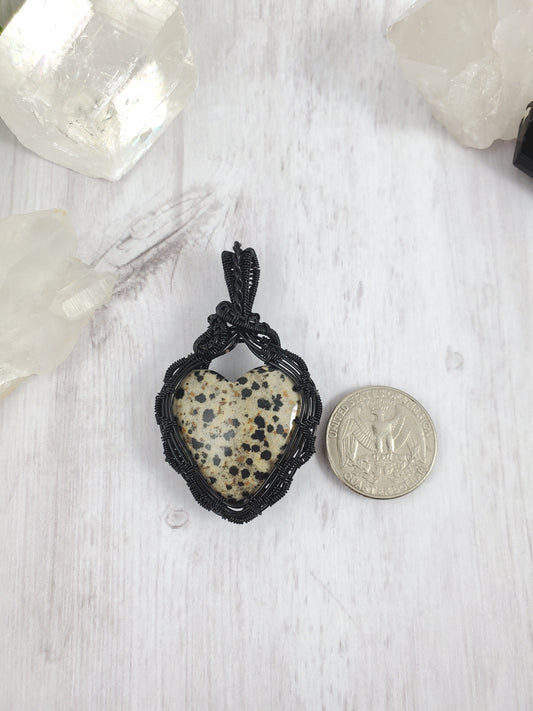 Goth Black Lace Dalmatian Jasper Heart Pendant