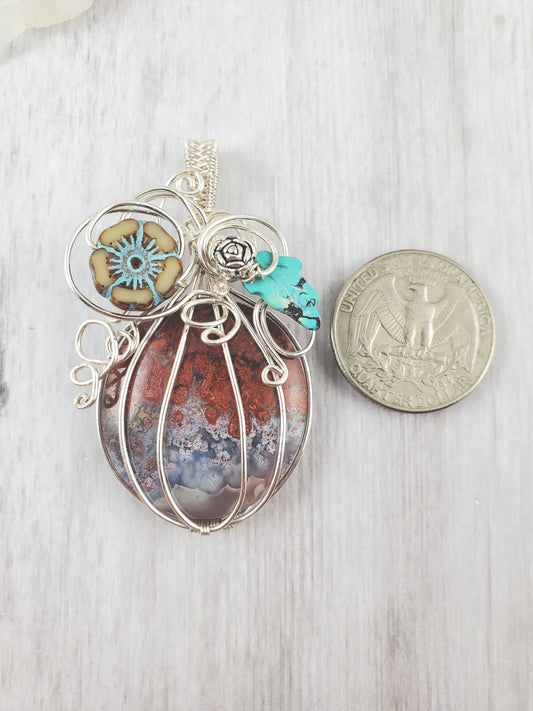 Fabulous Red and Blue Ombre Scenic Agate Pumpkin Pendant