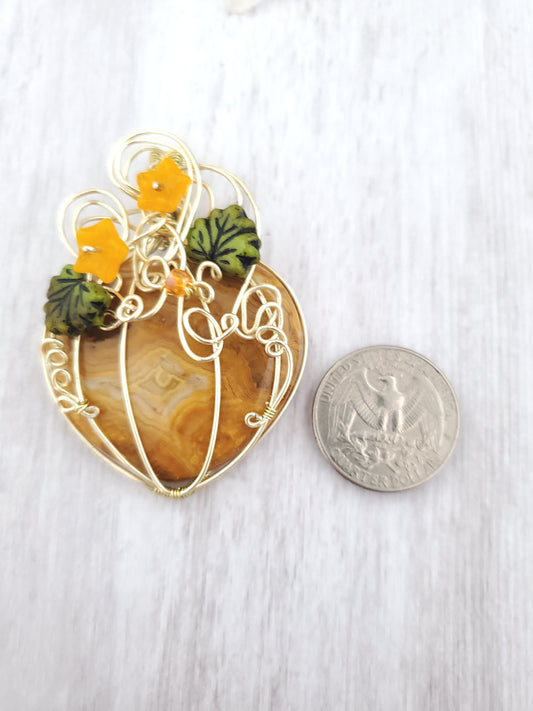 Beautiful Orange Banded Agate Pumpkin Pendant with Squash Flowers