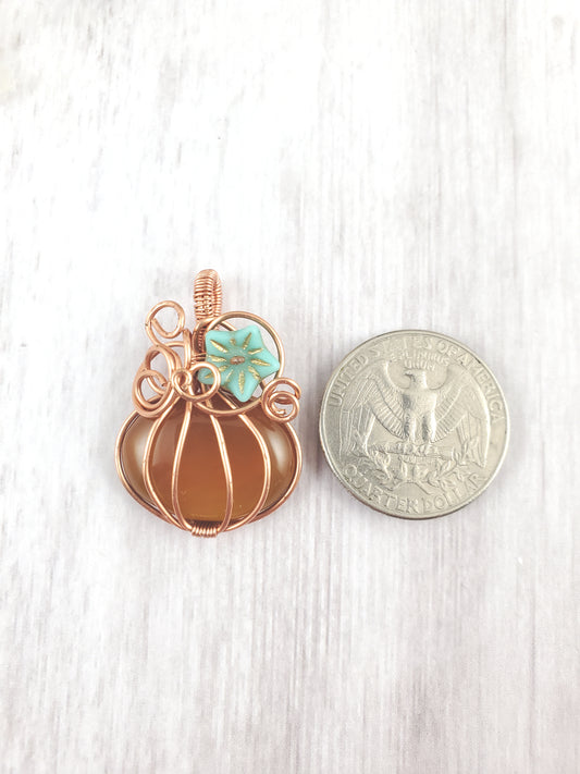 Whimsical Mini Pumpkin Pendant with Turquoise Flower
