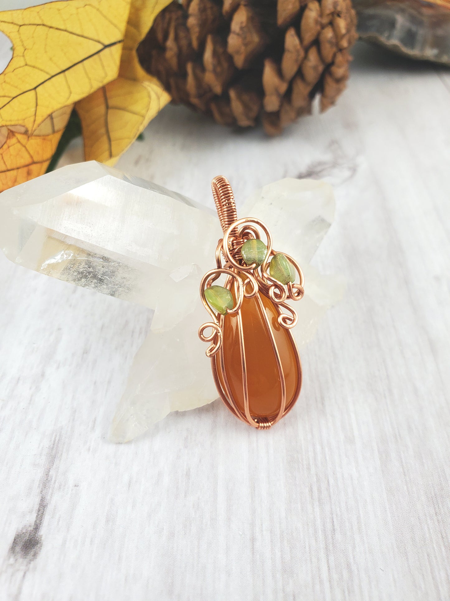 Tall Mini Carnelian Pumpkin Pendant with Glass Leaves