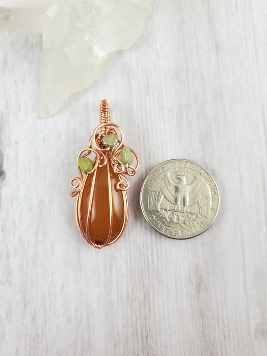 Tall Mini Carnelian Pumpkin Pendant with Glass Leaves