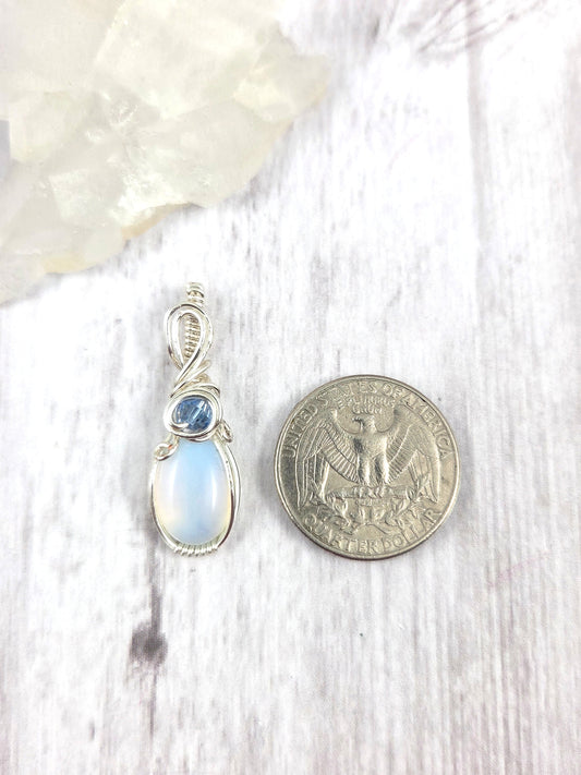 Silver Wire-Wrapped Opalite Pendant with Blue Accent
