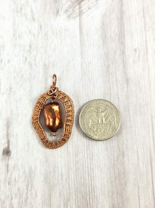 Woven Wire Window Pendant with Copper Freshwater Pearl