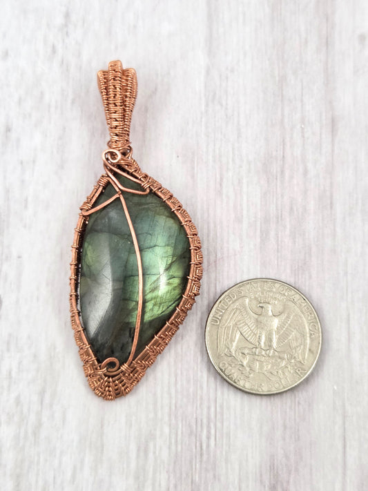 Green Flash Labradorite Wire Wrapped Leaf Pendant