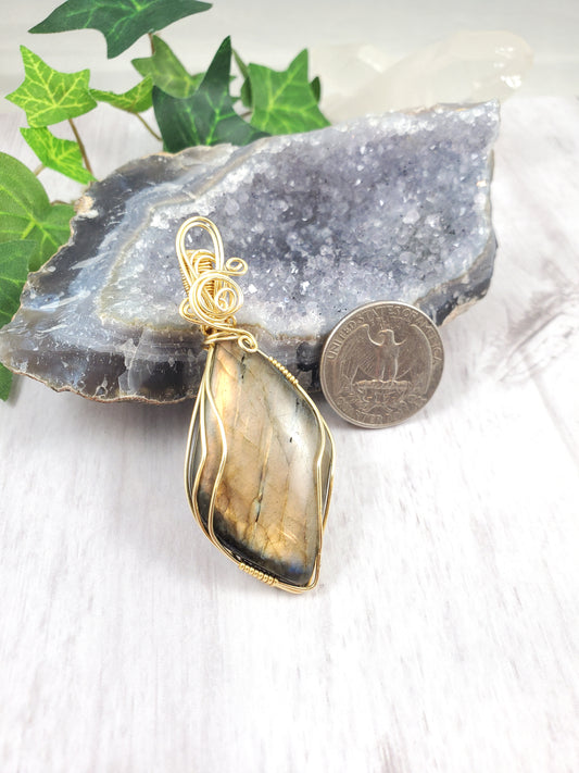 Orange Gold Flash Leaf Labradorite Pendant