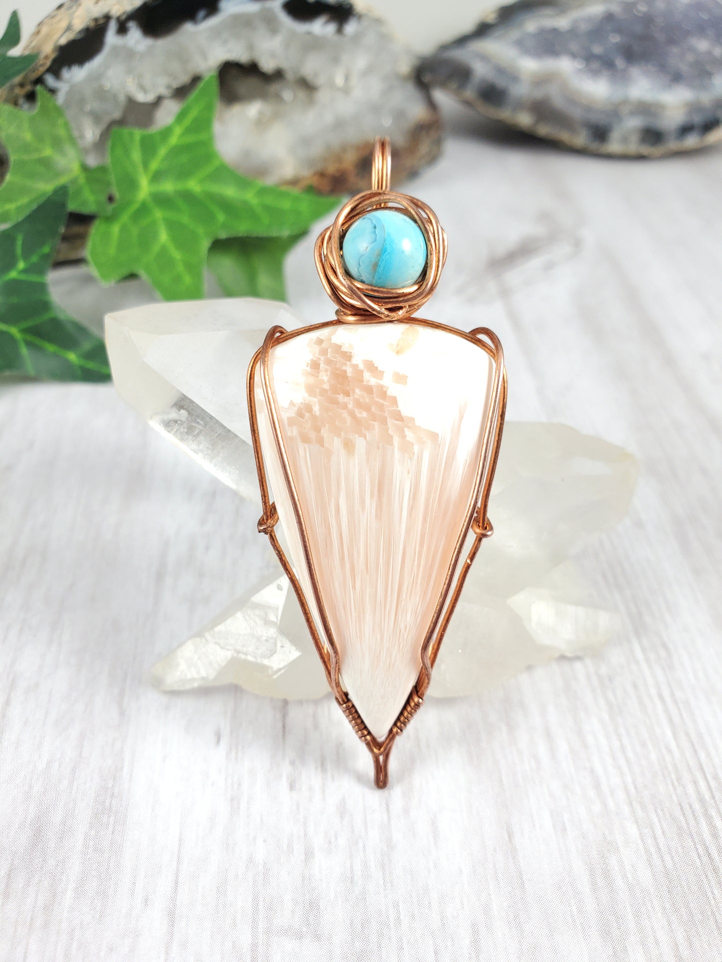 Inverted Peach Triangle Pendant with Blue Agate Access