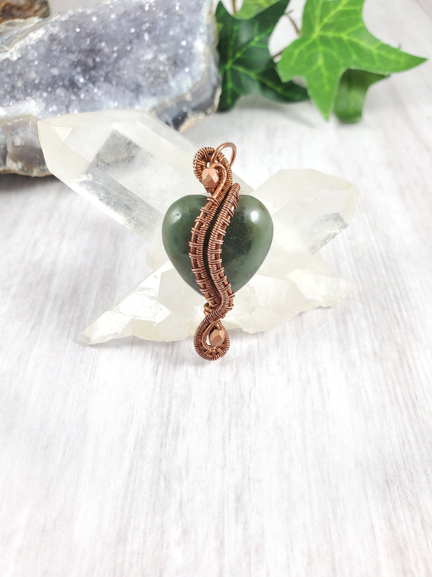 Fancy Green Jasper Copper Wrapped Heart Pendant