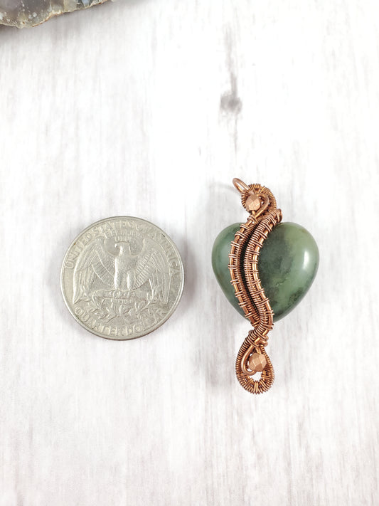 Fancy Green Jasper Copper Wrapped Heart Pendant