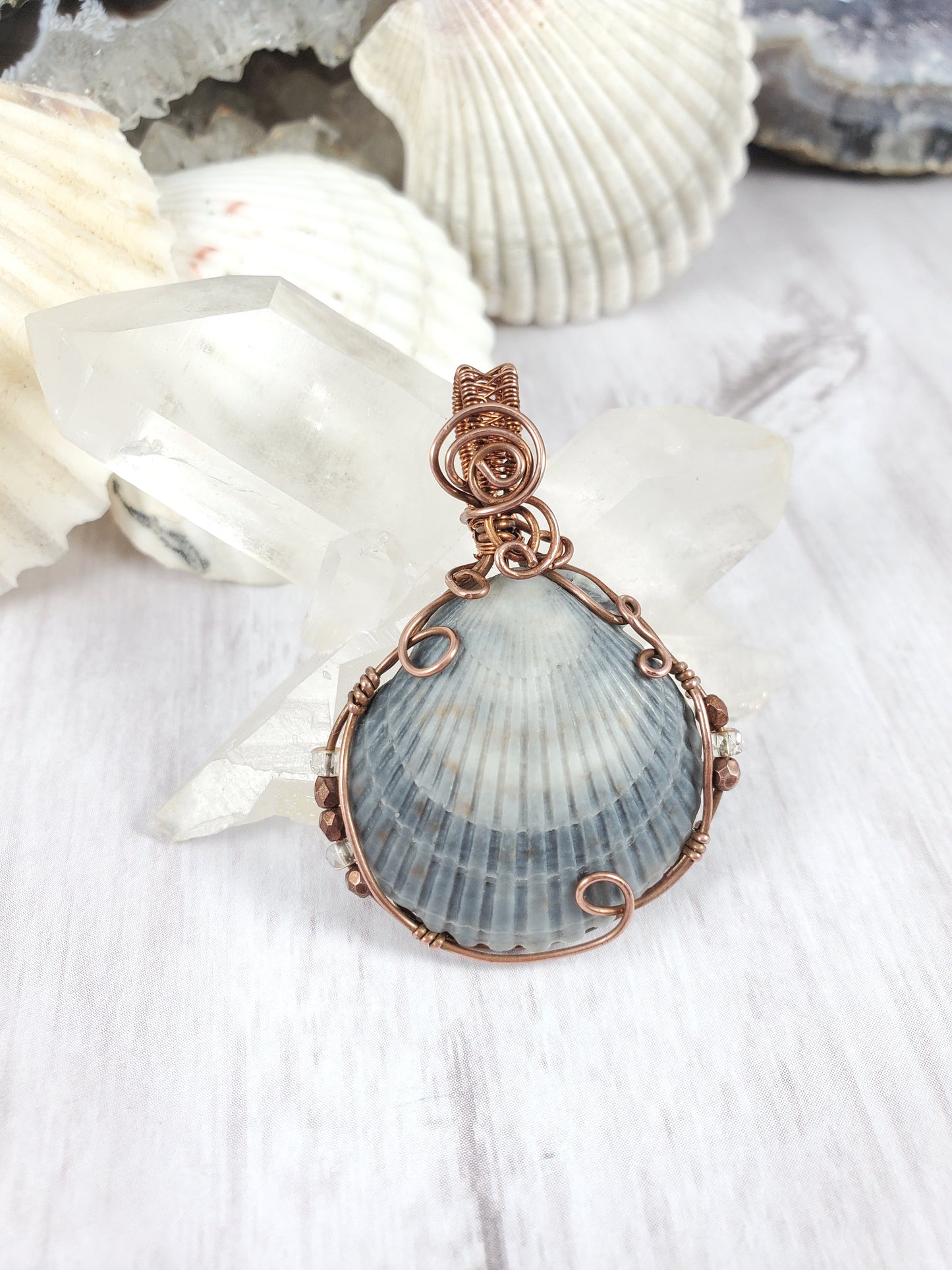Blue Ombre Scallop Shell Copper Wrapped Pendant