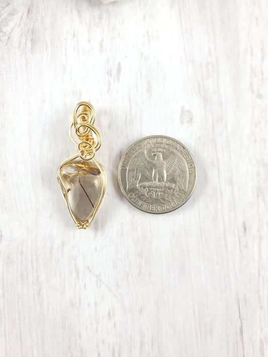 Dainty Gold Wrapped Rutilated Quartz Nugget Pendant