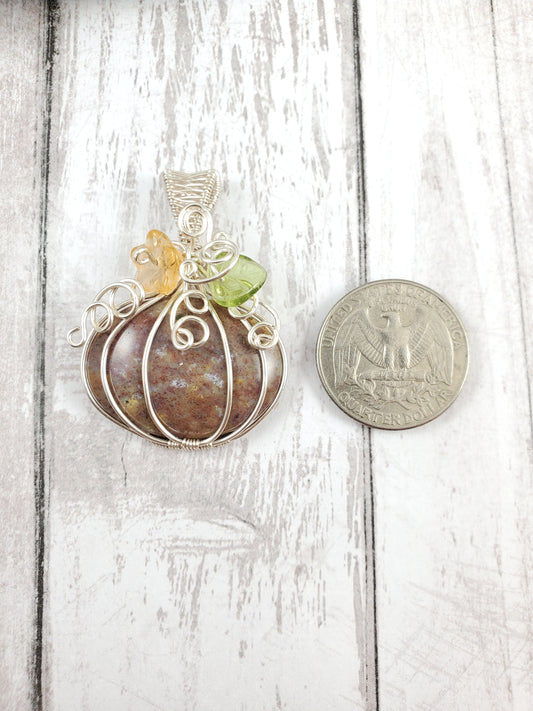 Mottled Jasper Pumpkin Pendant with Glass Flower and Leaf