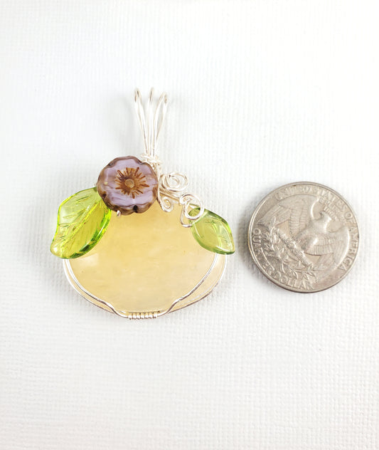 Pastel Yellow Wire Wrapped Pendant with Purple Flower
