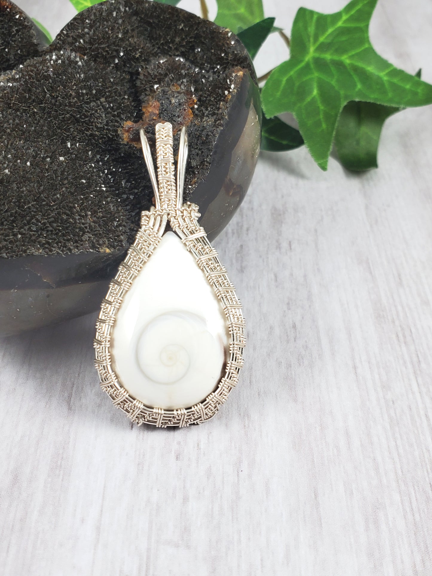 Woven Border Teardrop Shiva Eye Operculum Shell Pendant