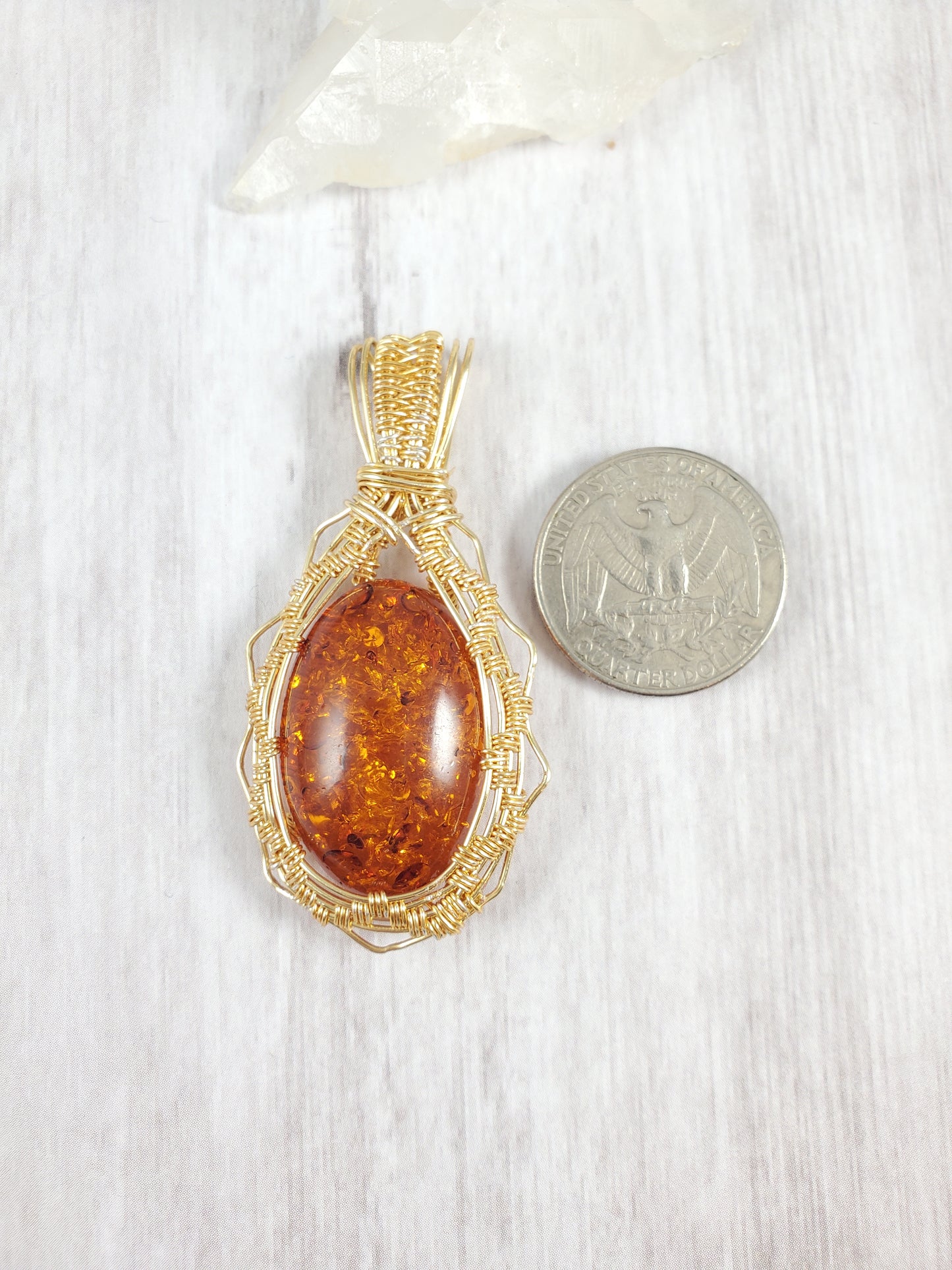 Sun-inspired Faux Amber and Gold Wire Wrapped Pendant