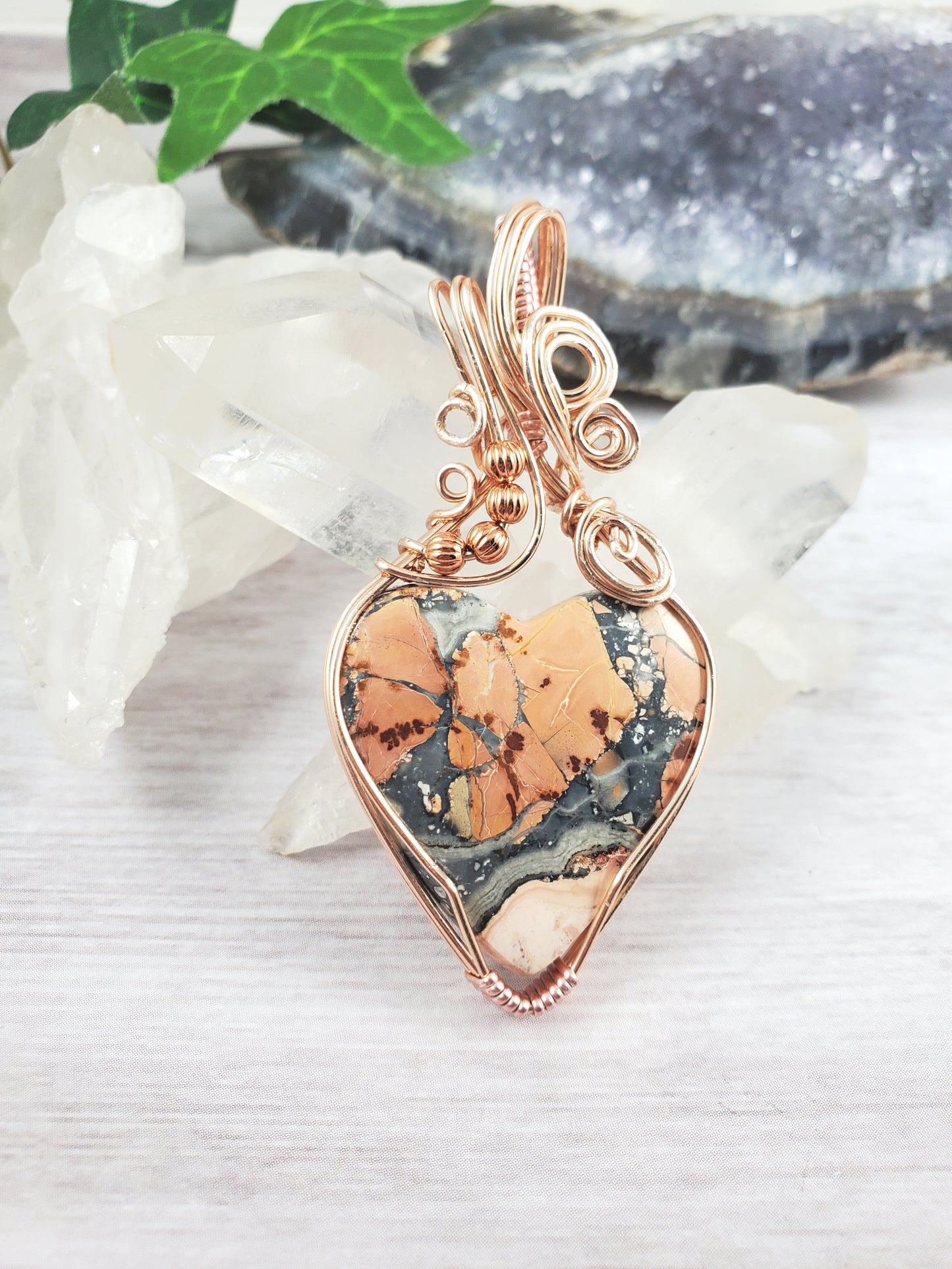 Peach and Grey Maligano Jasper Heart Pendant