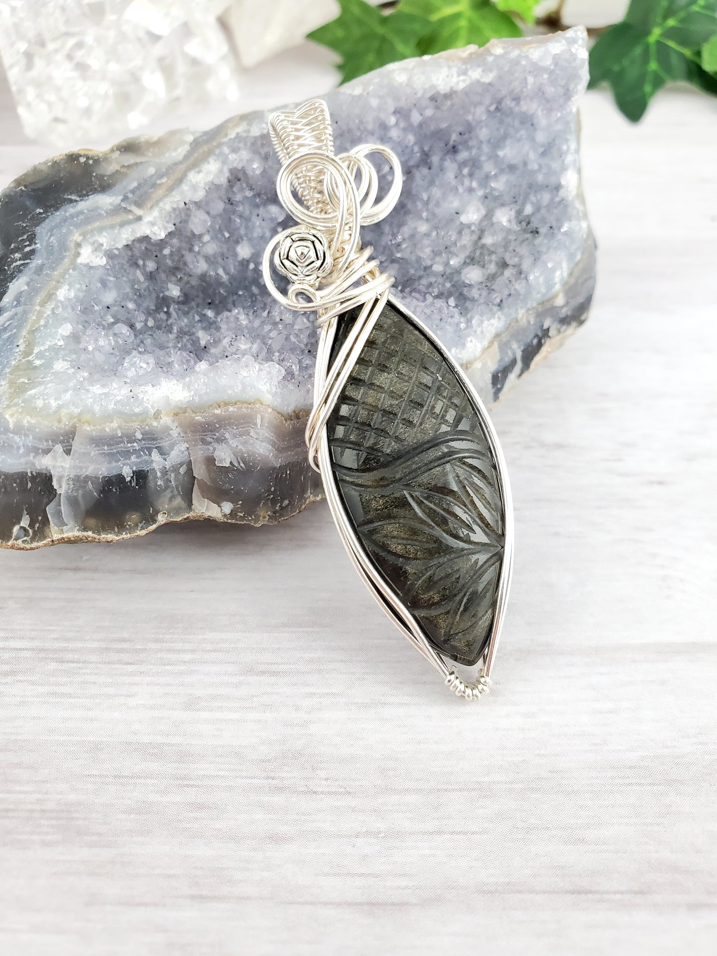 Fancy Marquise Silver Sheen Obsidian Carved Pendant in Silver