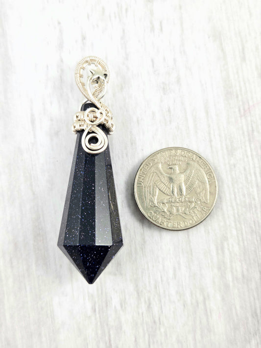 Beautiful Blue Goldstone Vogel-style Pendulum Pendant Wrapped in Silver