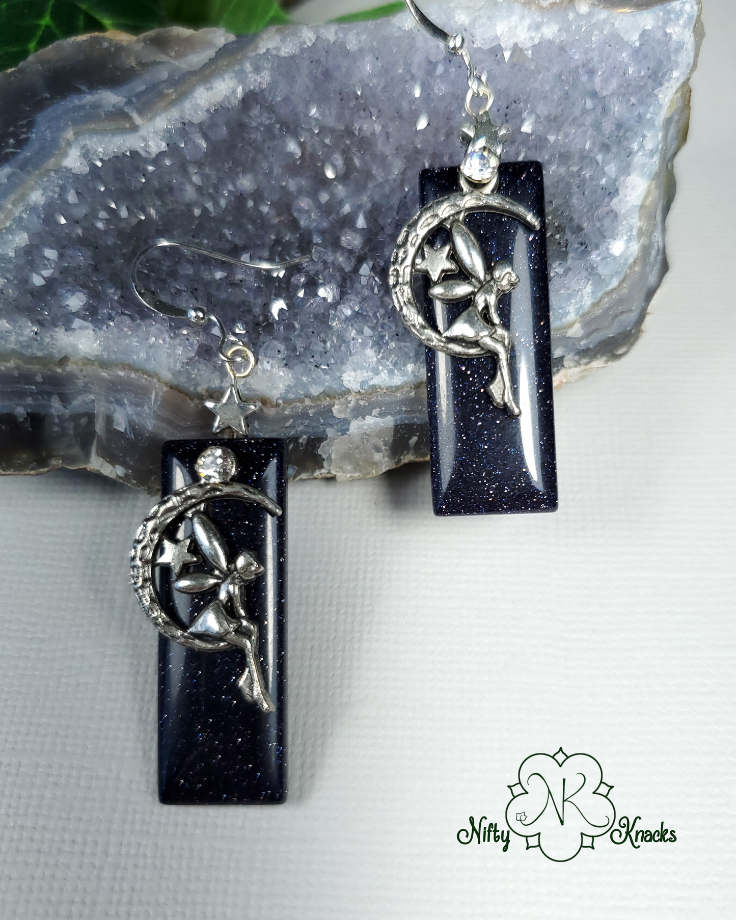 Blue Goldstone Dangle Fairy Earrings