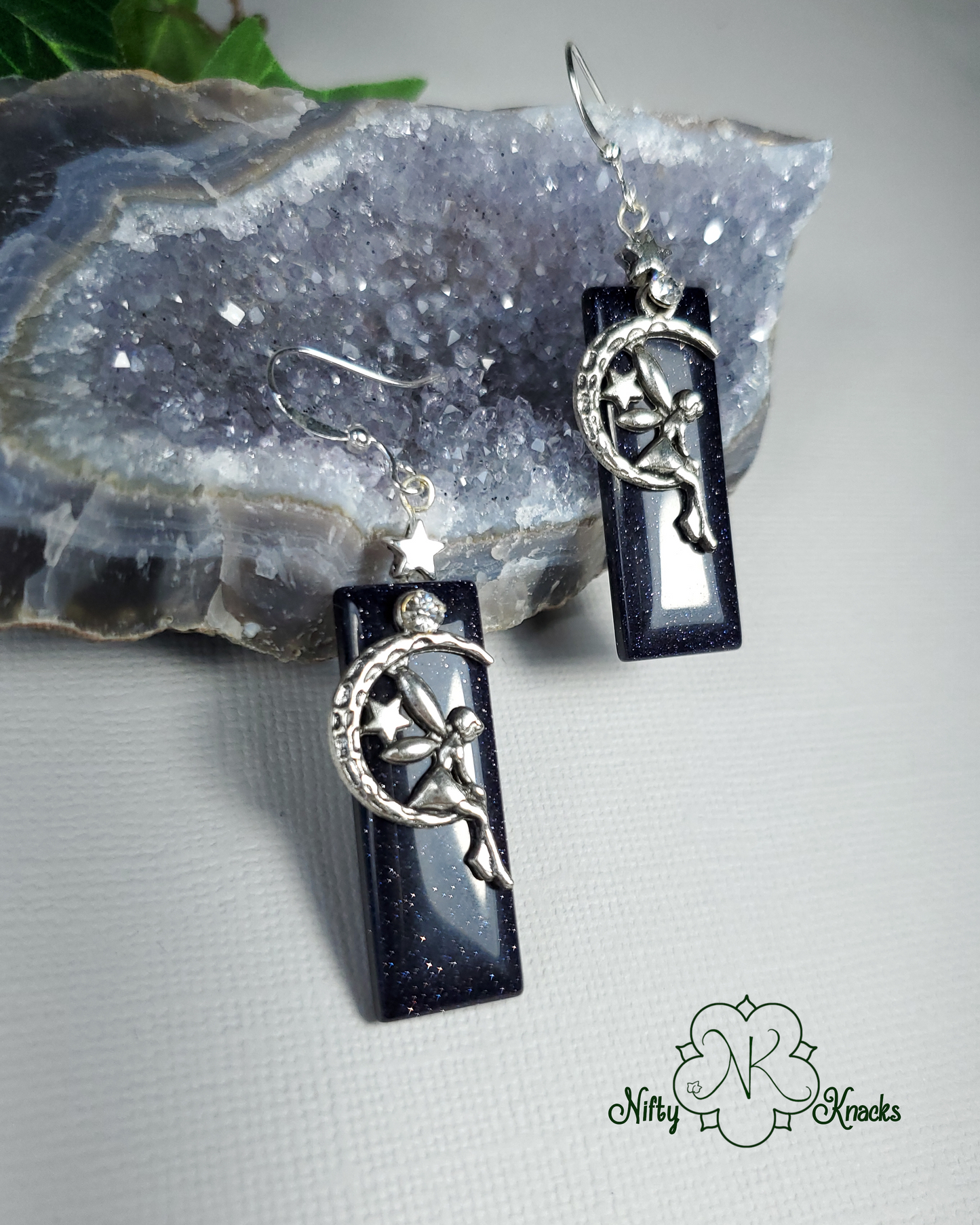 Blue Goldstone Dangle Fairy Earrings