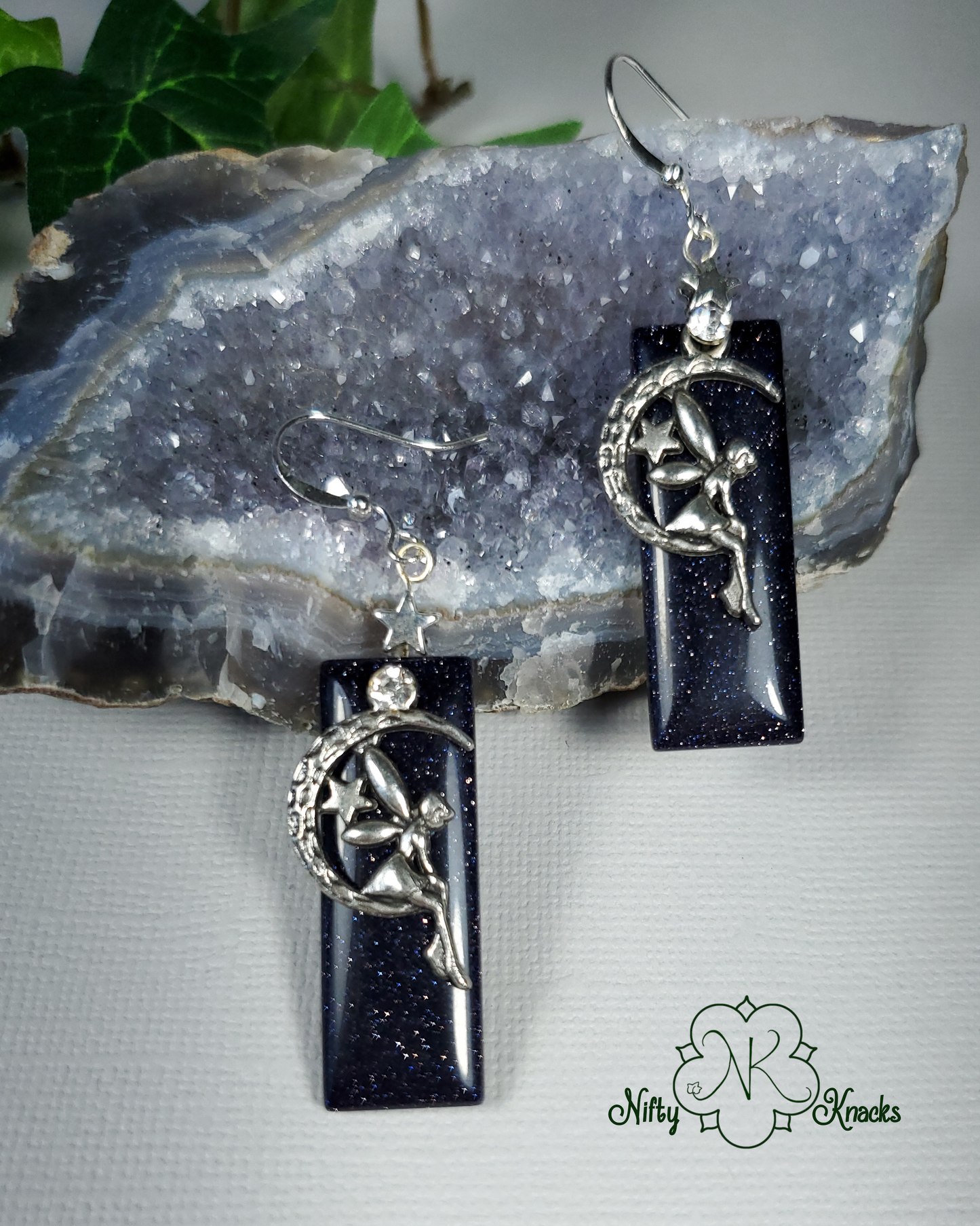 Blue Goldstone Dangle Fairy Earrings