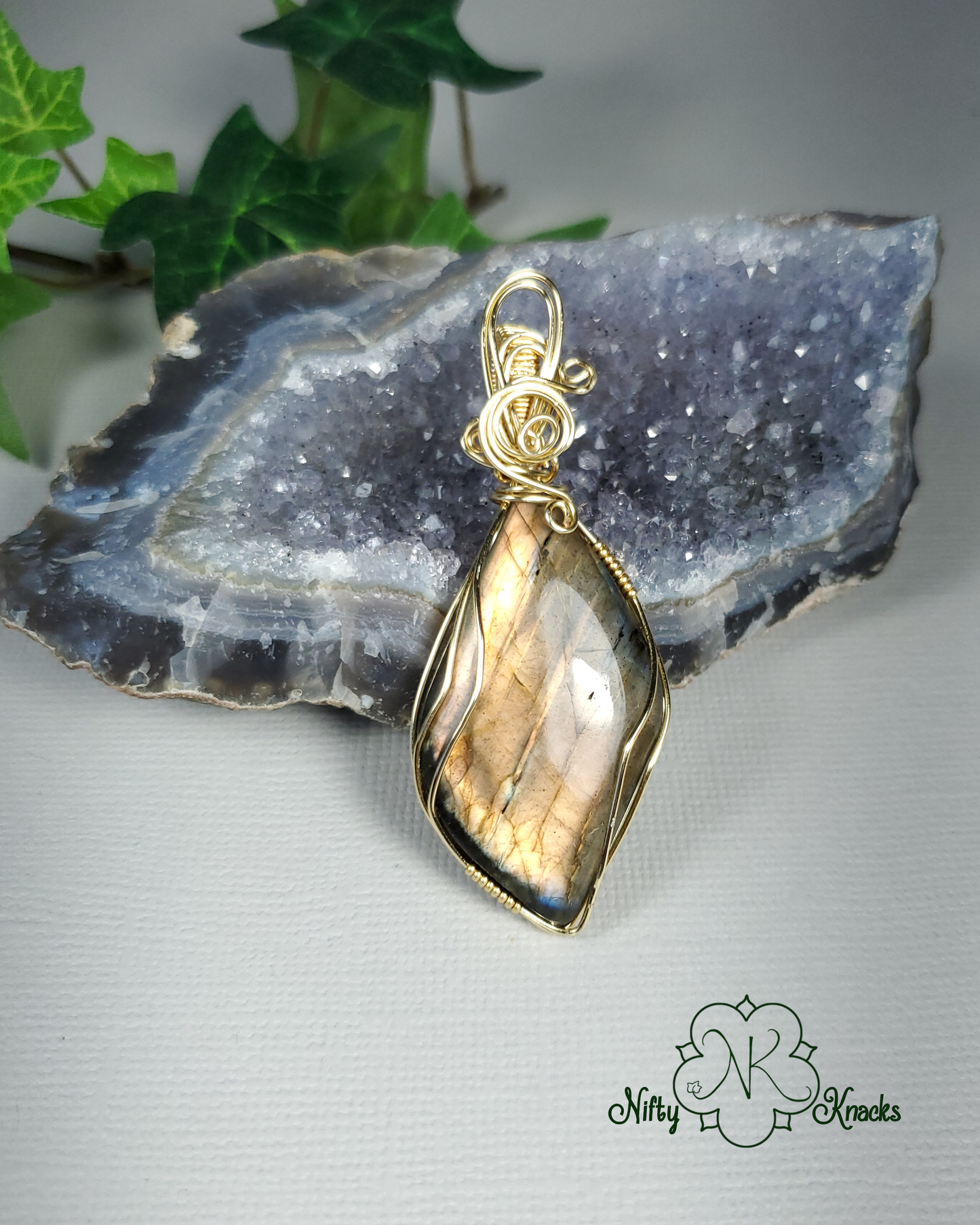 Orange Gold Flash Leaf Labradorite Pendant