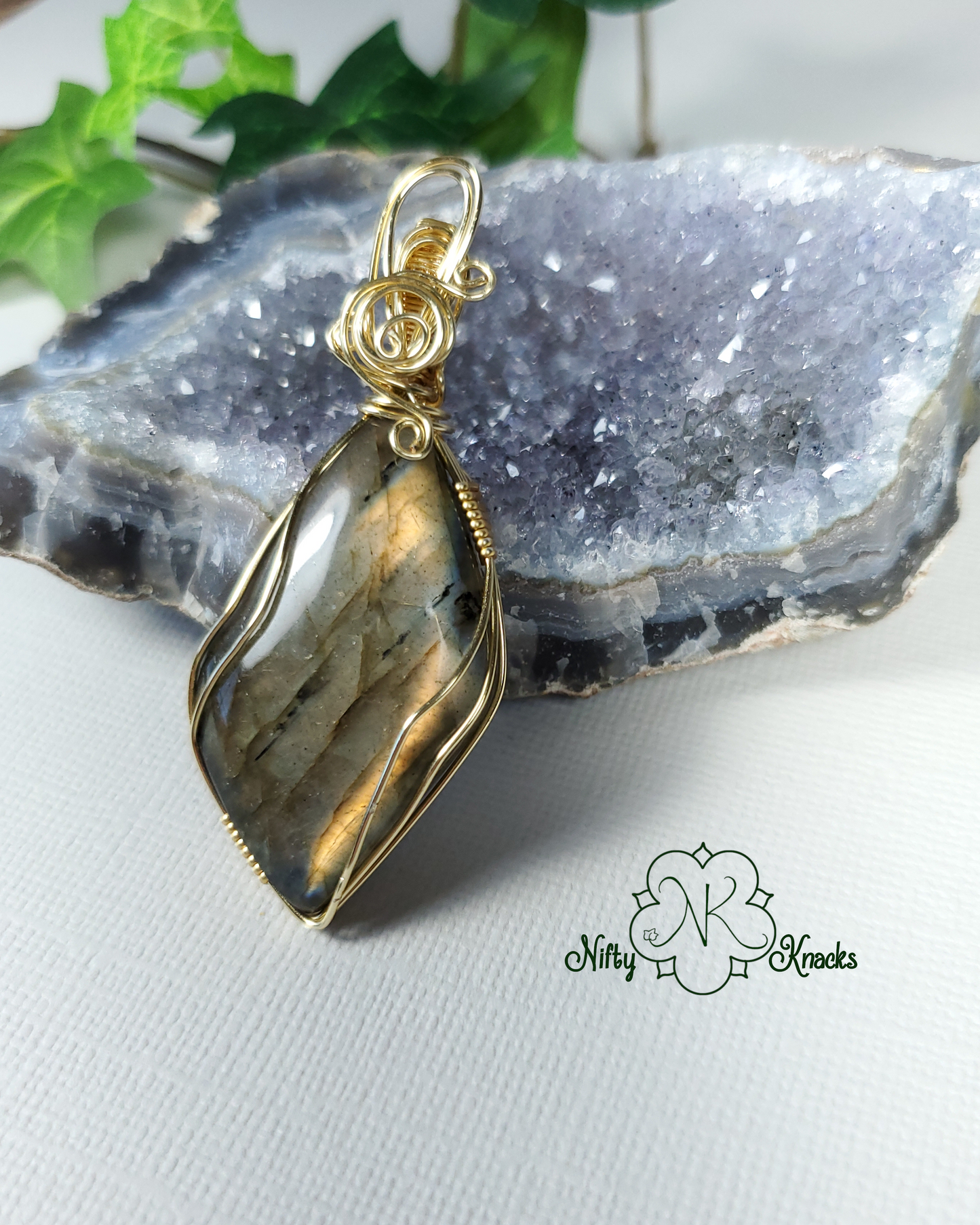 Orange Gold Flash Leaf Labradorite Pendant