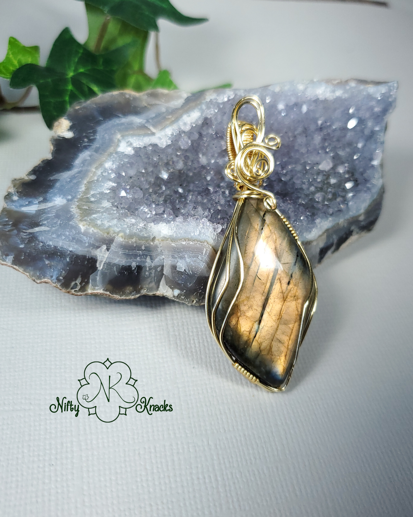 Orange Gold Flash Leaf Labradorite Pendant