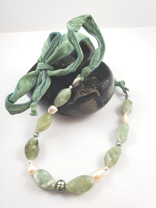 Sage Green Jade and Pale Pink Freshwater Pearl Silk Ribbon Necklace