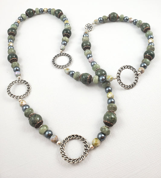 Green and Silver Opera Length Kyanite and Czech Glass Necklace