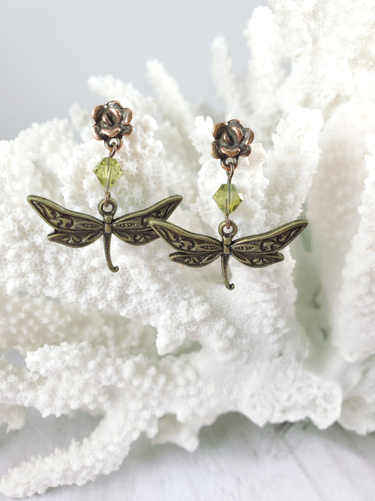 Dragonfly and Flower Dangle Earrings with Green Swarovski Crystal