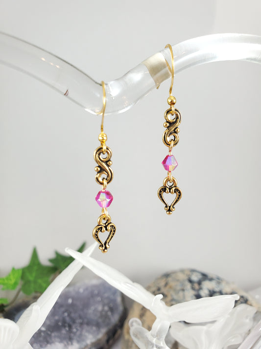 Dainty Pink and Gold Scroll and Heart Dangle Earrings