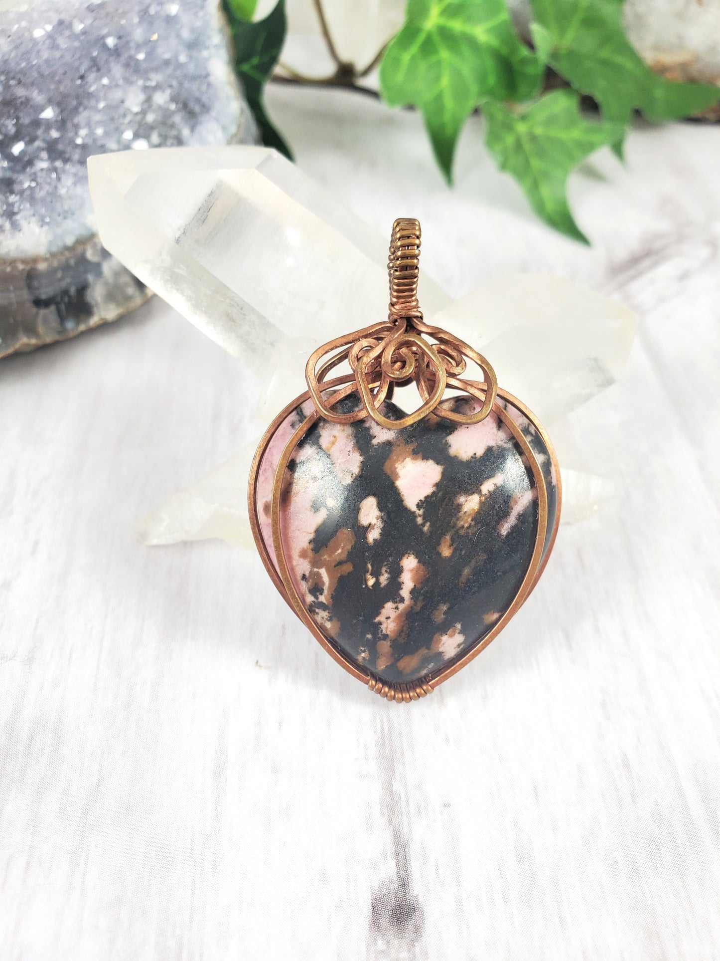 Pink and Brown Rhodonite Heart Strawberry Pendant