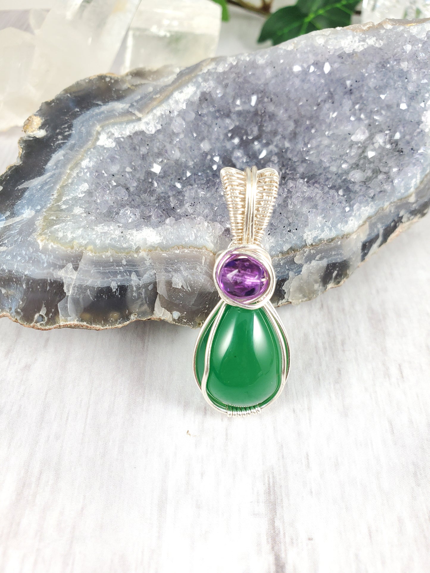 Apple Green Agate and Purple Wrapped Pendant