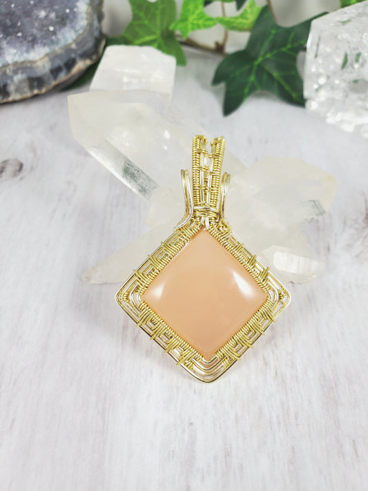 Square Pink Chalcedony Pendant Wrapped in Gold Wire