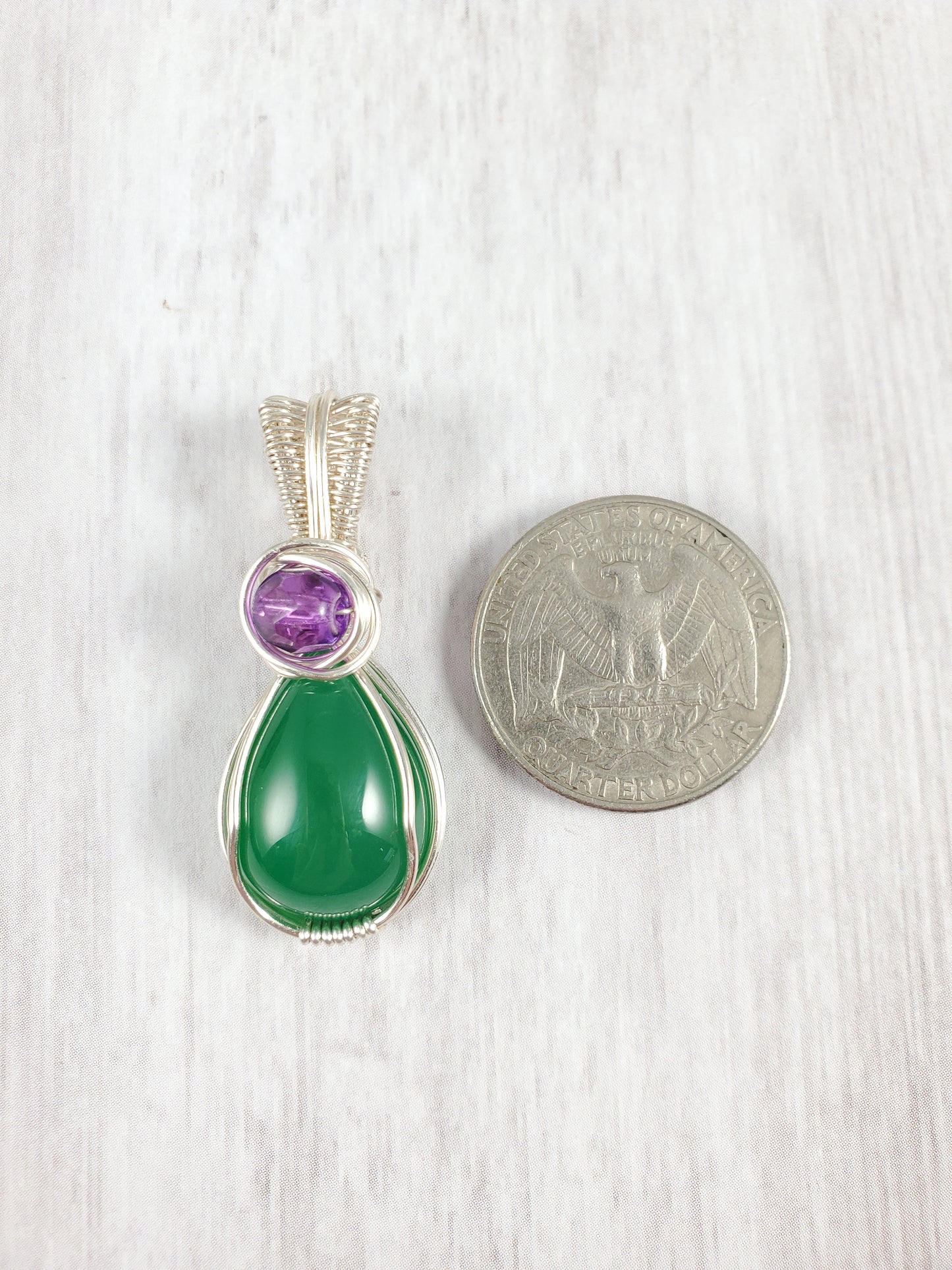 Apple Green Agate and Purple Wrapped Pendant