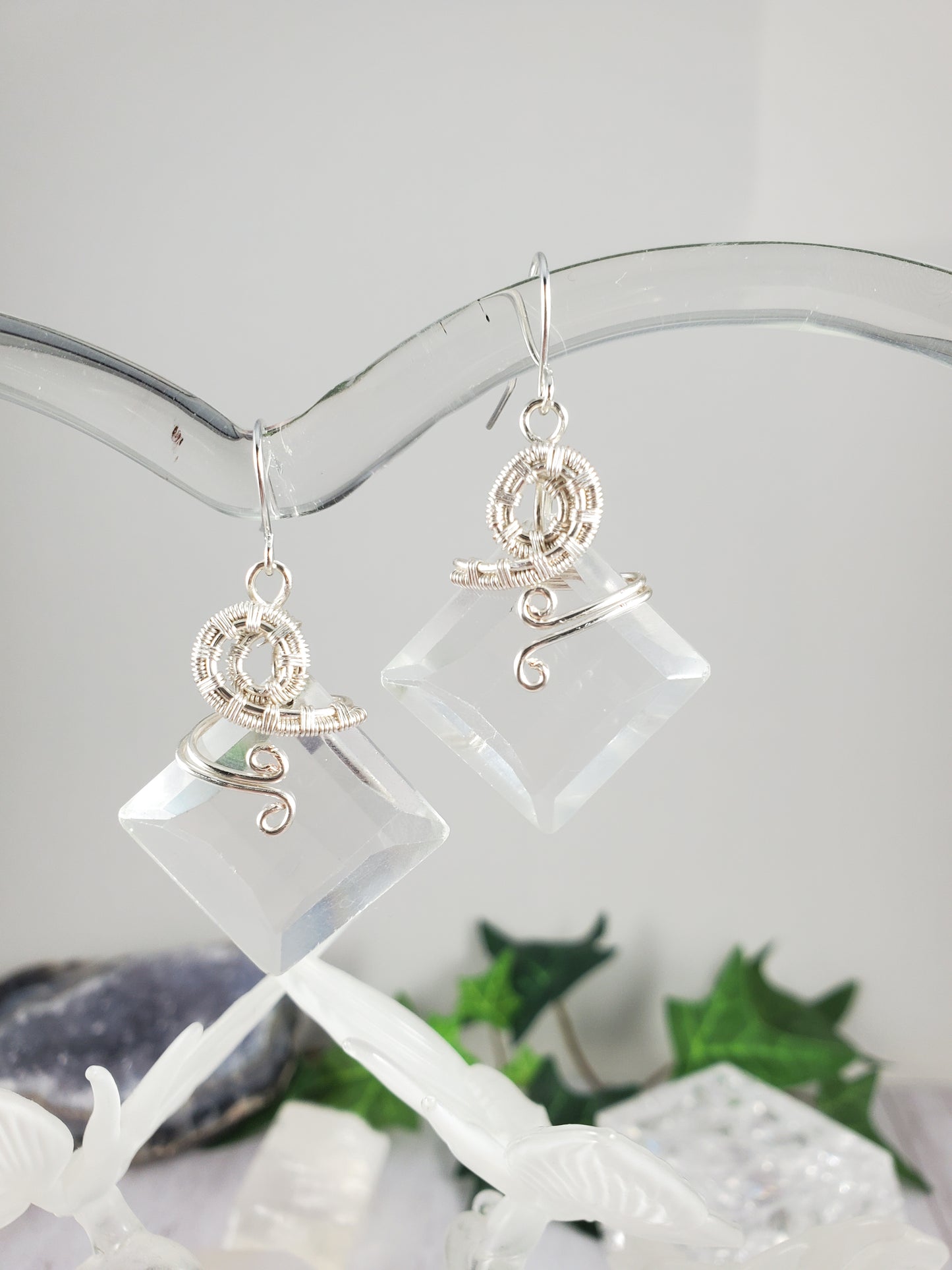 Wire Wrapped Faceted Square Quartz Crystal Earrings