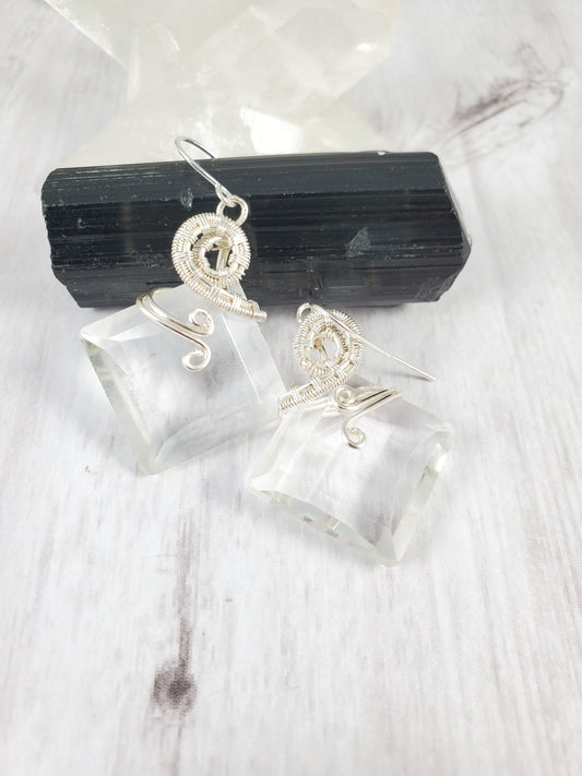 Wire Wrapped Faceted Square Quartz Crystal Earrings