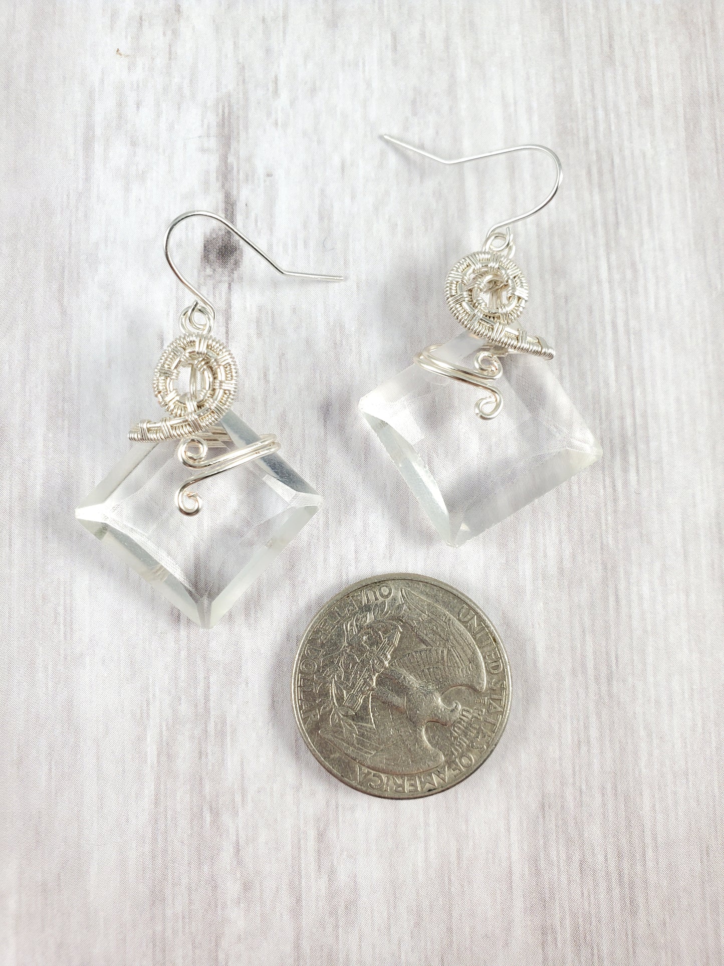 Wire Wrapped Faceted Square Quartz Crystal Earrings