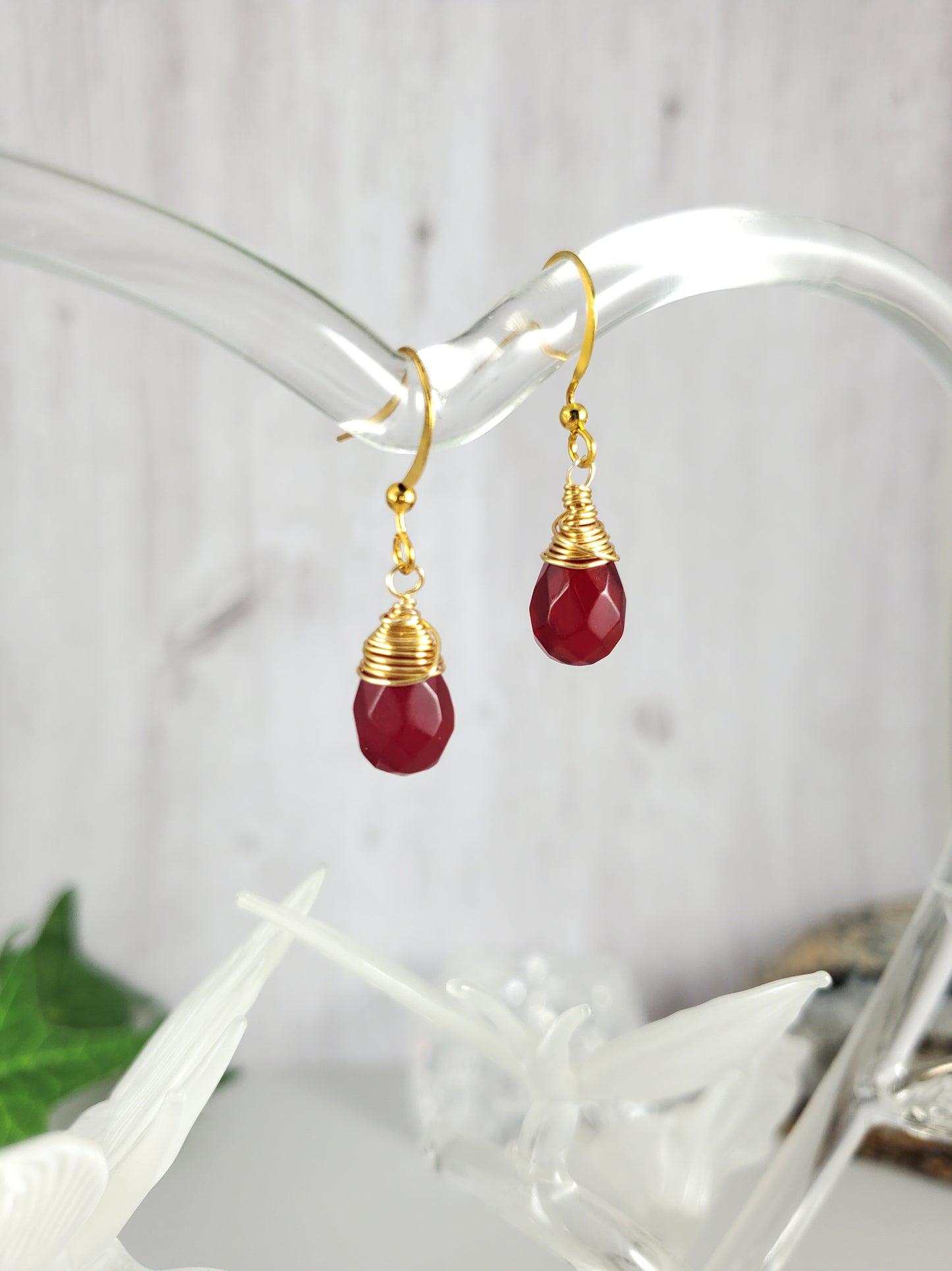 Red Briolette and Gold Wire Wrapped Dangle Earrings