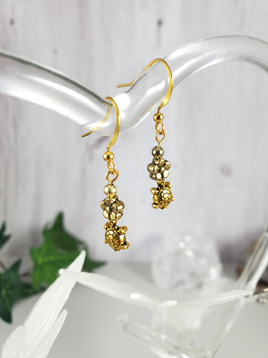 Adorable Gold Turtle and Flower Dangle Earrings