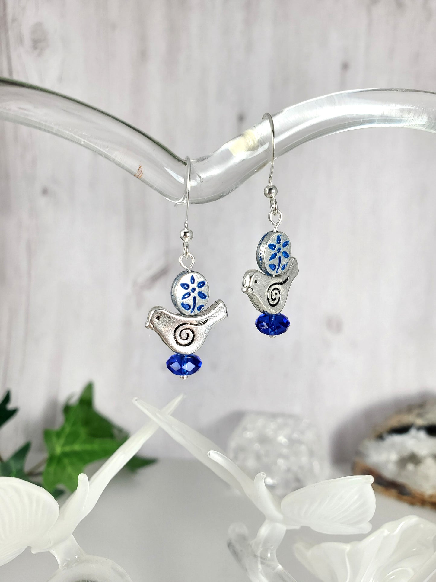 Silver and Blue Bird with Flower Dangle Earrings