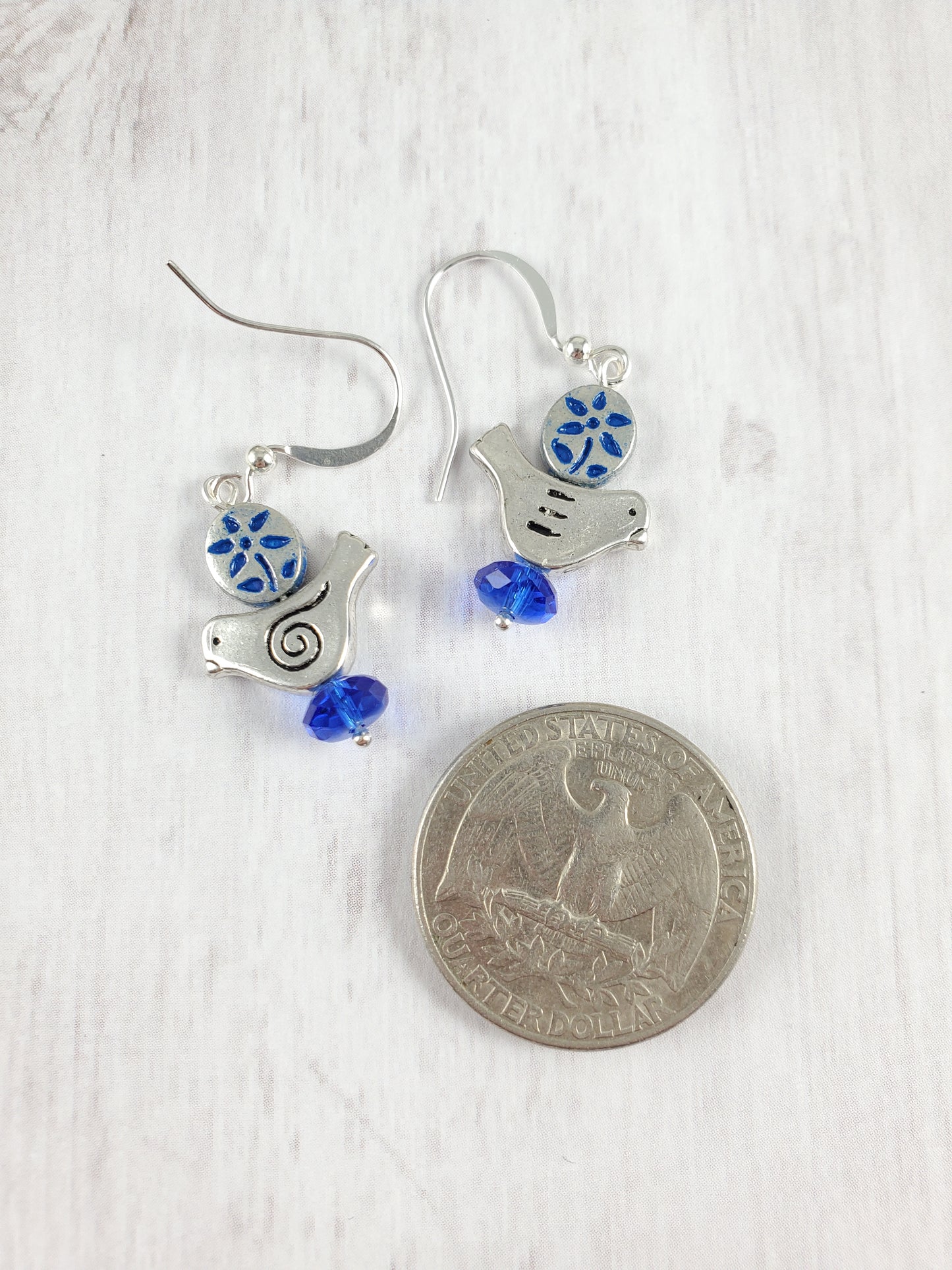 Silver and Blue Bird with Flower Dangle Earrings