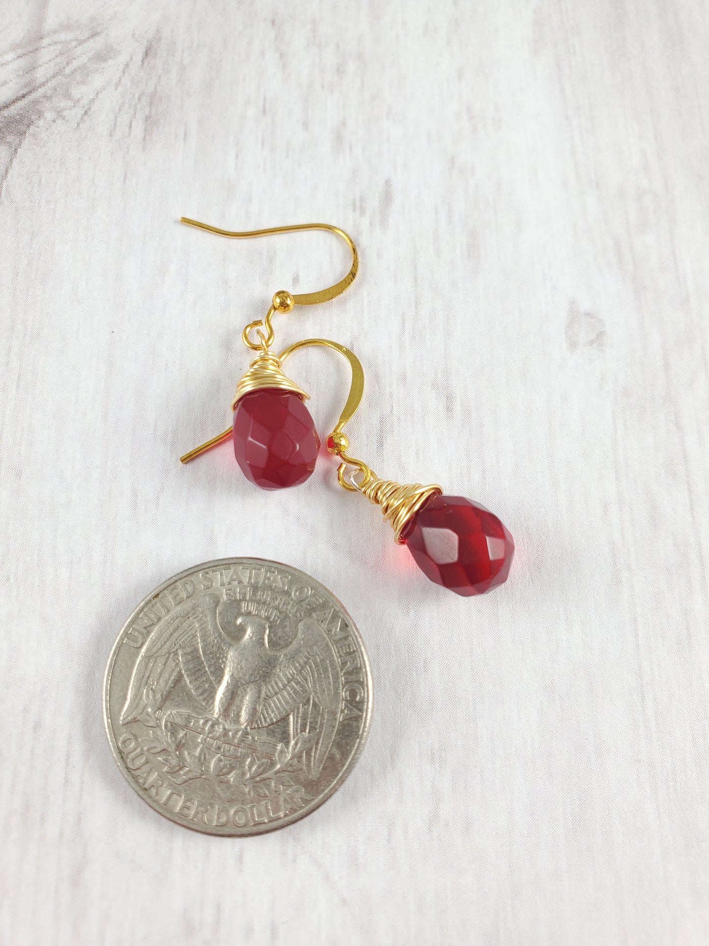 Red Briolette and Gold Wire Wrapped Dangle Earrings