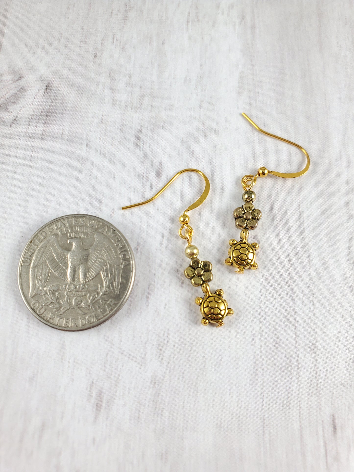 Adorable Gold Turtle and Flower Dangle Earrings