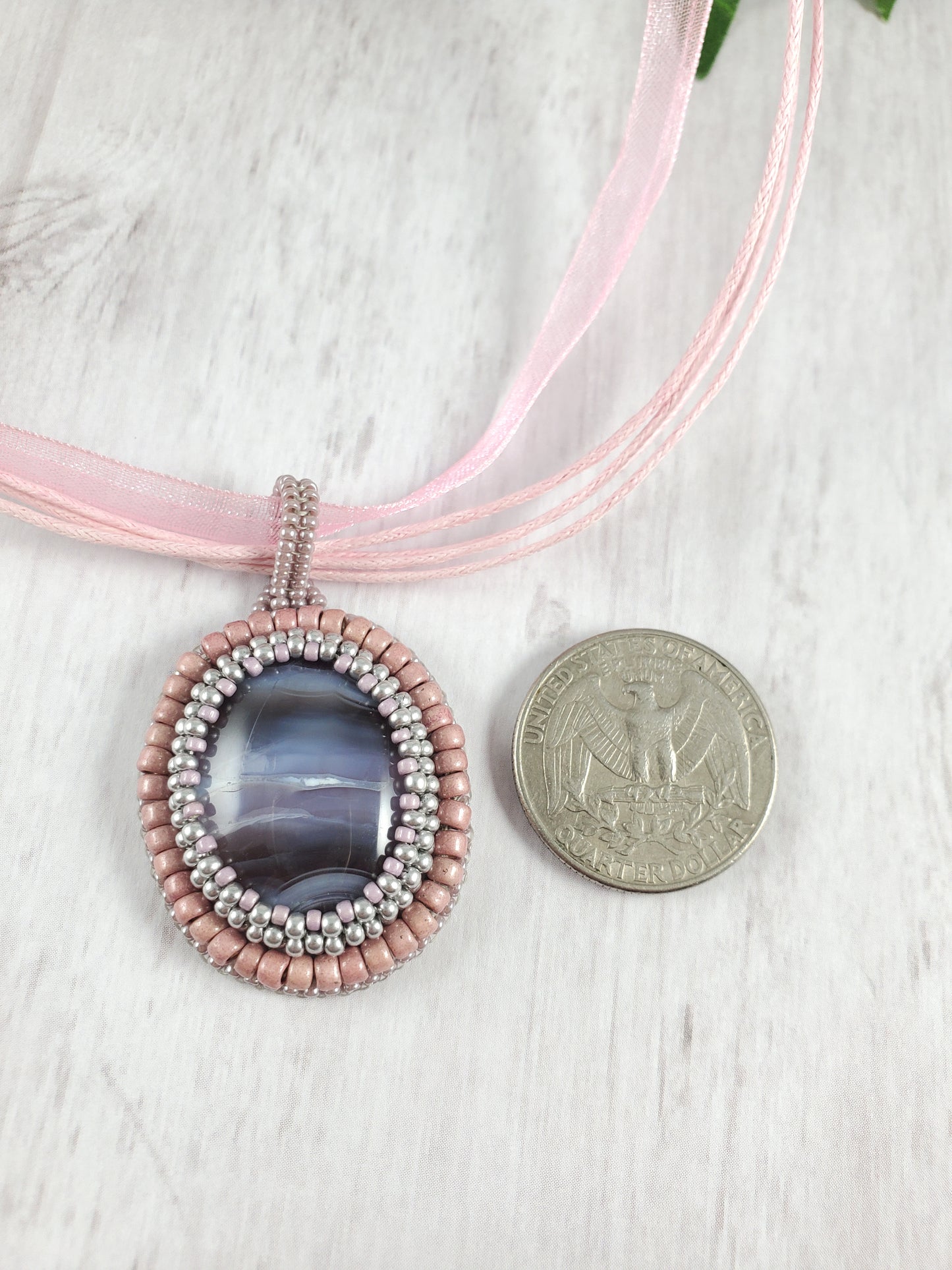 Purple, Grey and Pink Bead Embroidered Agate Pendant Necklace