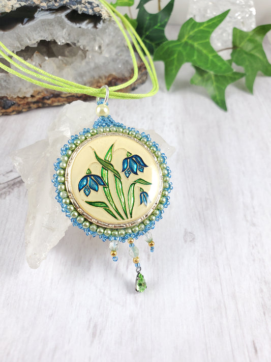 Bead Embroidered Enameled Blue Flower Focal with Green and Blue Accents